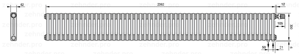 Схема (чертеж) Радиатор Zehnder Charleston 2030/52 №V002 Белый глянцевый RAL 9016